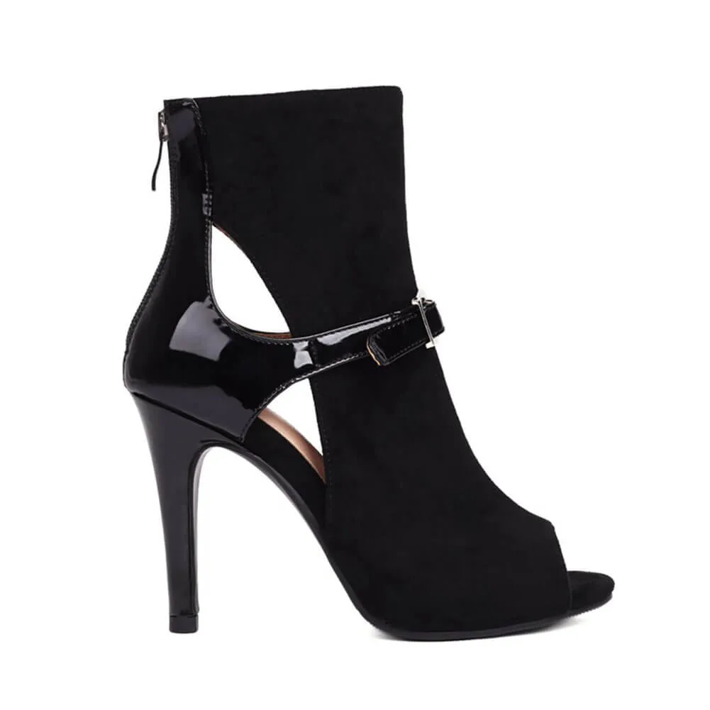 Black Women's Simple Buckle High-Heeled Boots