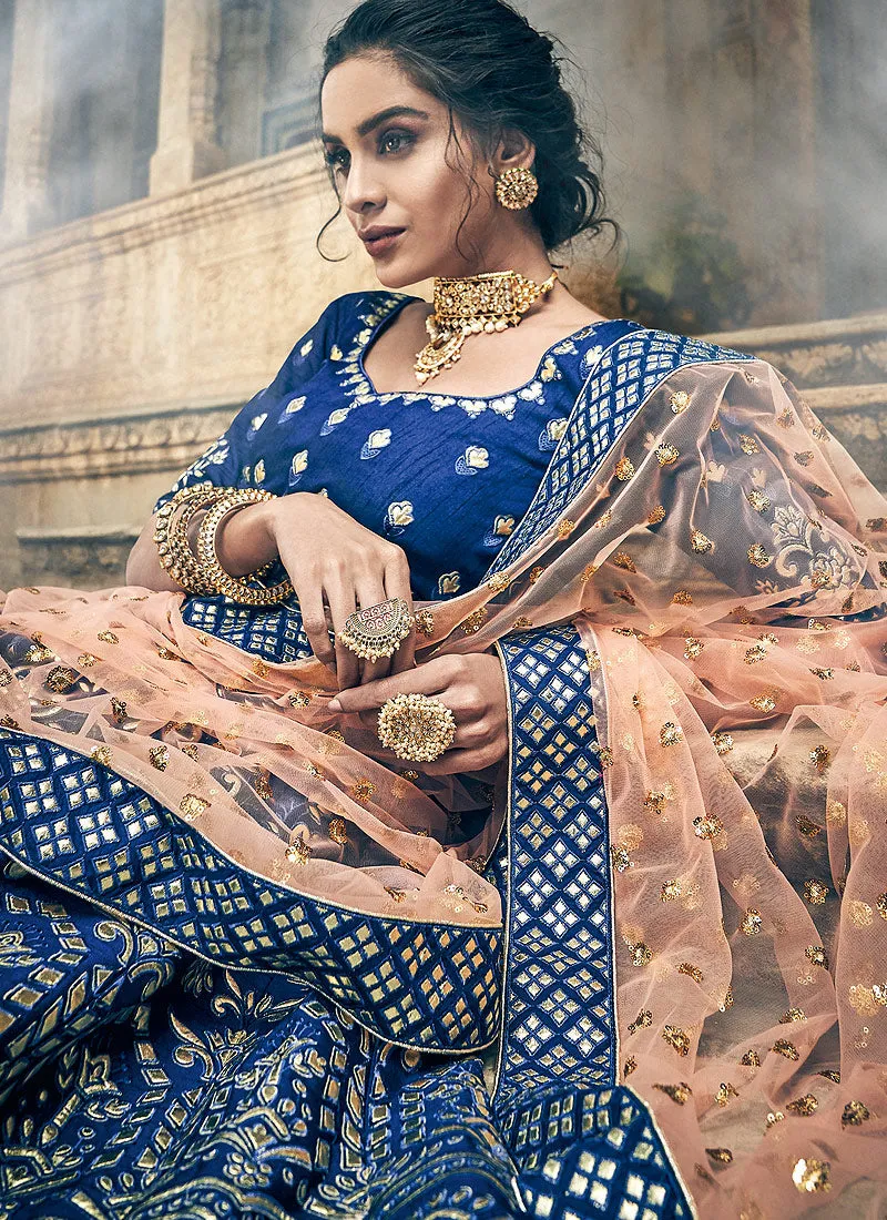 Blue And Peach Embroidered Wedding Lehenga Choli