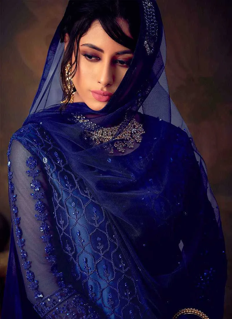 Blue Heavy Embroidered Net Sharara Style Suit