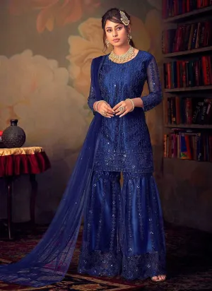 Blue Heavy Embroidered Net Sharara Style Suit
