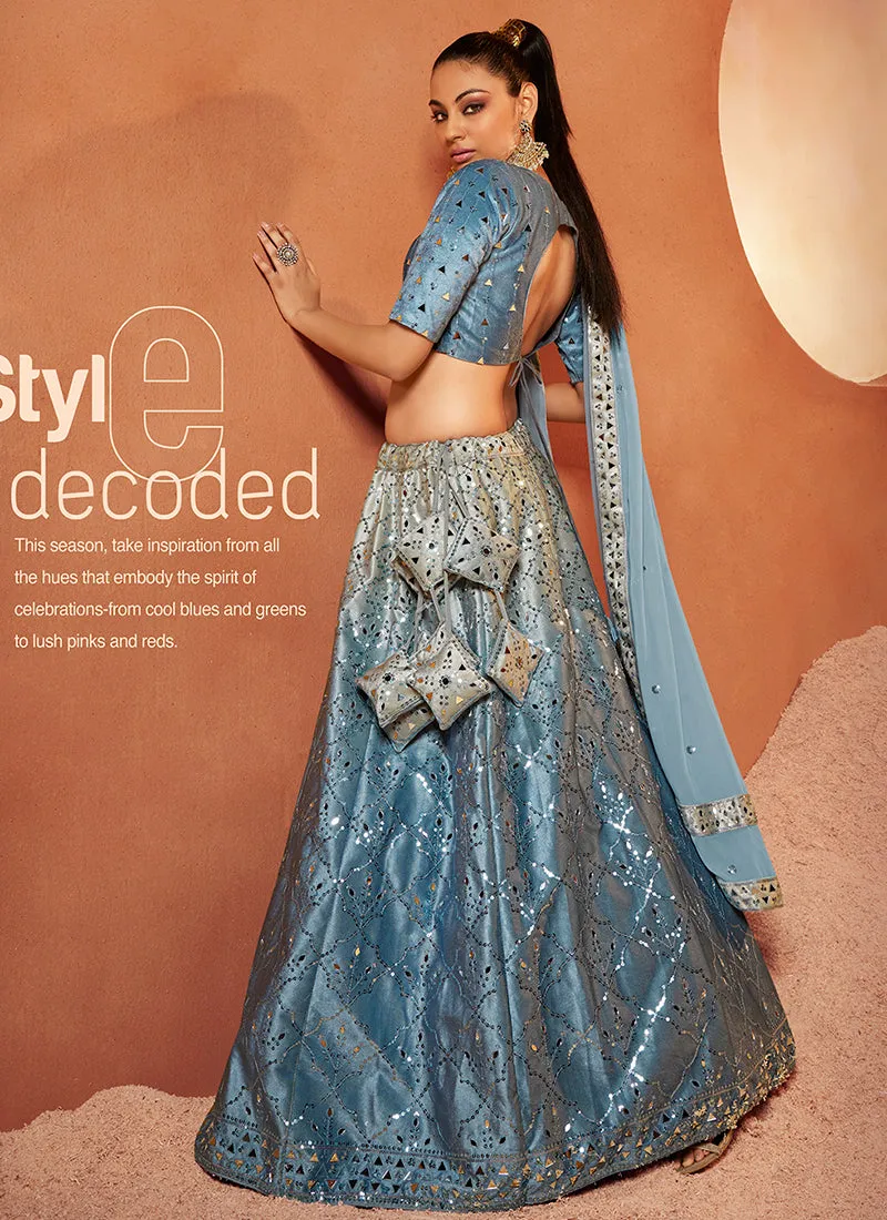 Blue Mirror Work Embroidery Shaded Velvet Lehenga Choli