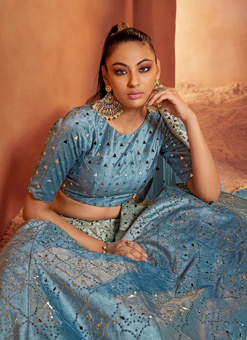 Blue Mirror Work Embroidery Shaded Velvet Lehenga Choli