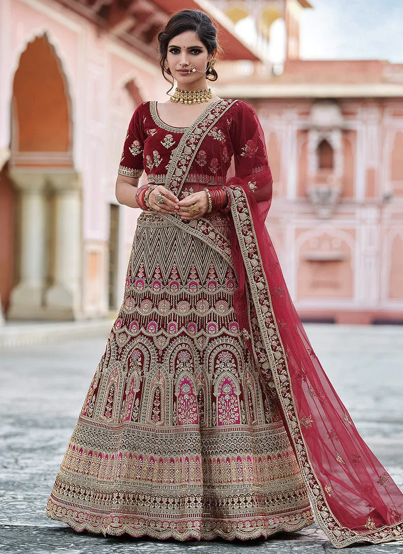 Bridal Red Embroidered Velvet Wedding Lehenga Choli