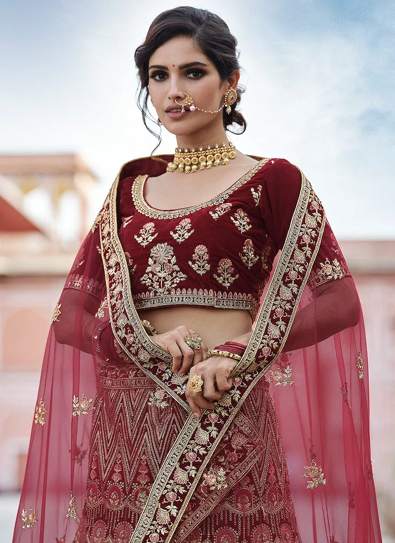 Bridal Red Embroidered Velvet Wedding Lehenga Choli