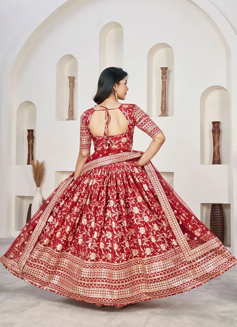 Bridal Red Sequence Embroidery Jacquard Lehenga Choli