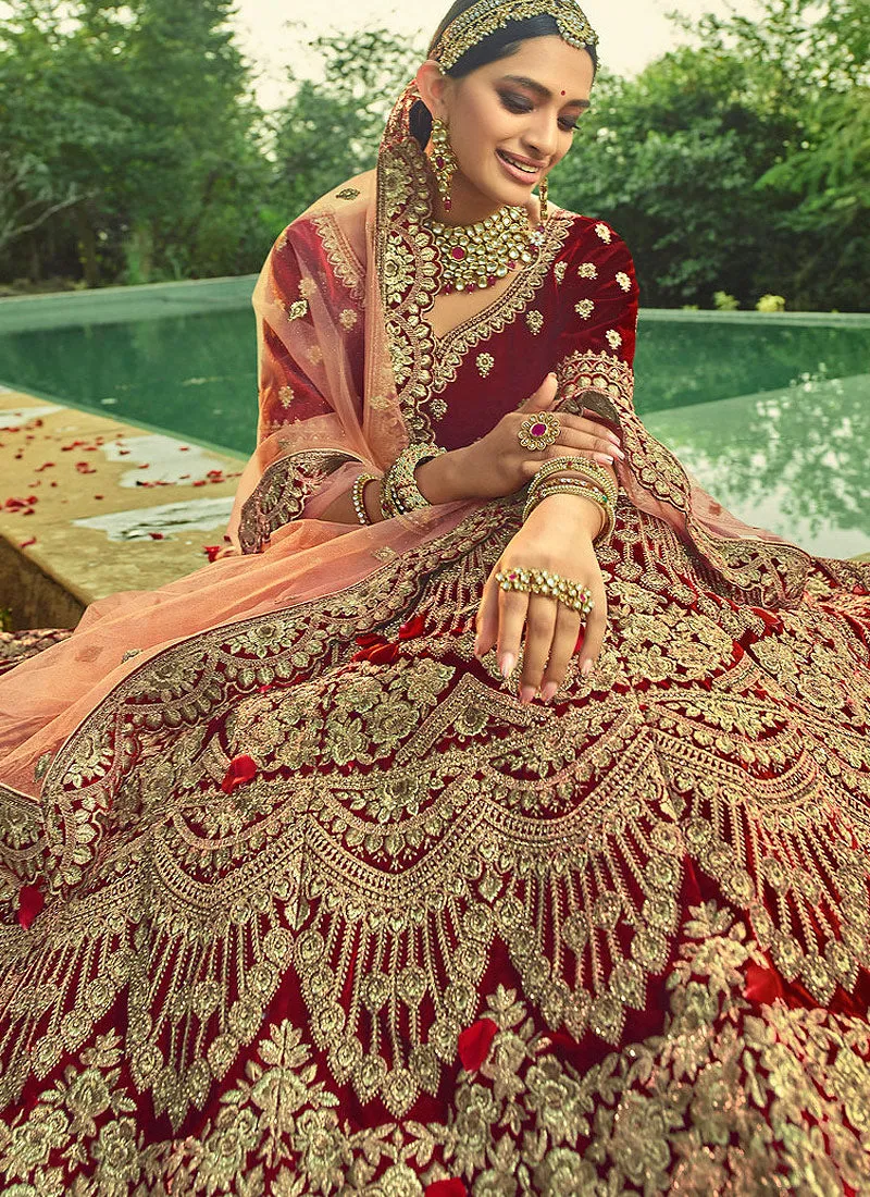 Bridal Red Velvet Embroidered Wedding Lehenga Choli