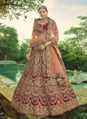 Bridal Red Velvet Embroidered Wedding Lehenga Choli