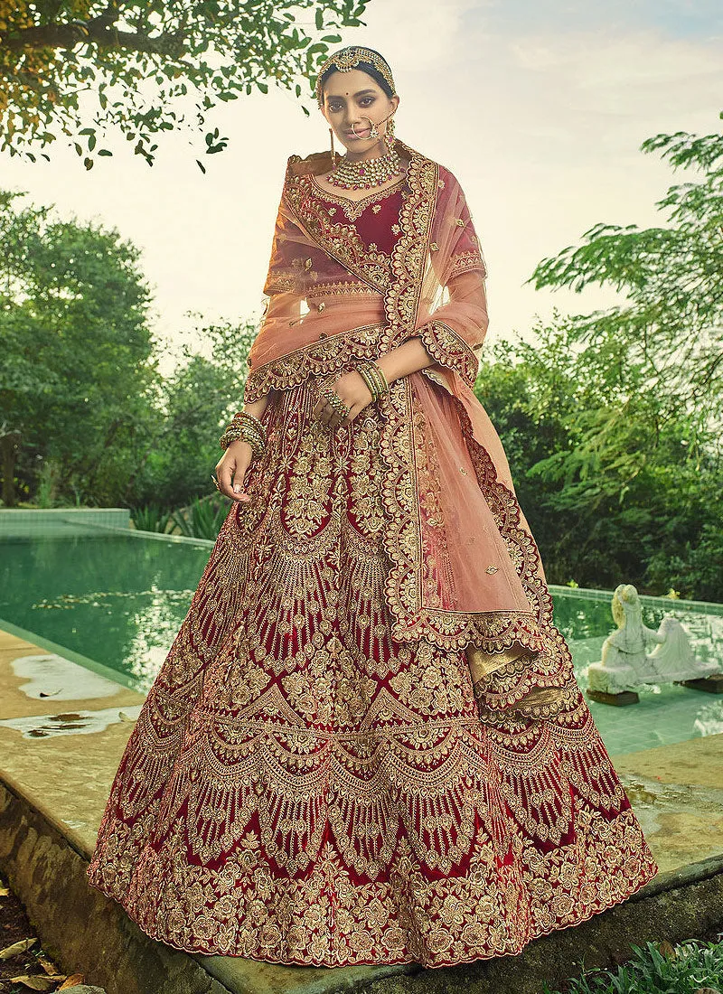 Bridal Red Velvet Embroidered Wedding Lehenga Choli