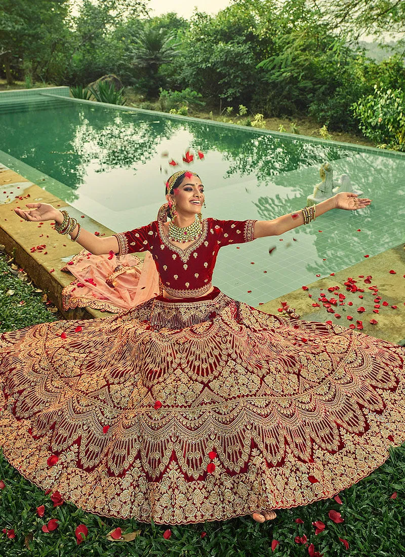 Bridal Red Velvet Embroidered Wedding Lehenga Choli