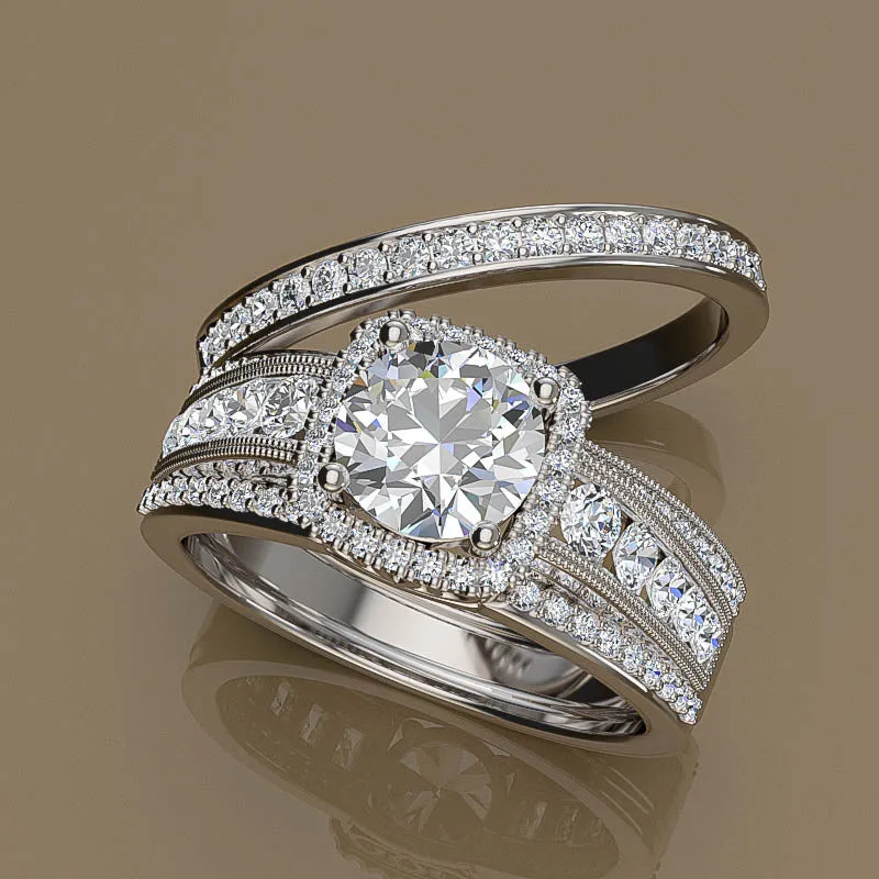 Bridal Set Halo Engagement Ring in 1.3ct Round Diamond - 02US25B