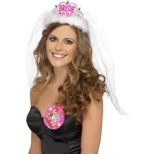 Bride To Be Tiara With Veil, White And Pink