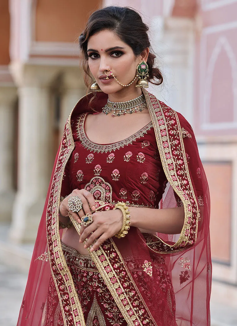 Bright Red Zari And Zarkan Embroidered Lehenga Choli And Dupatta