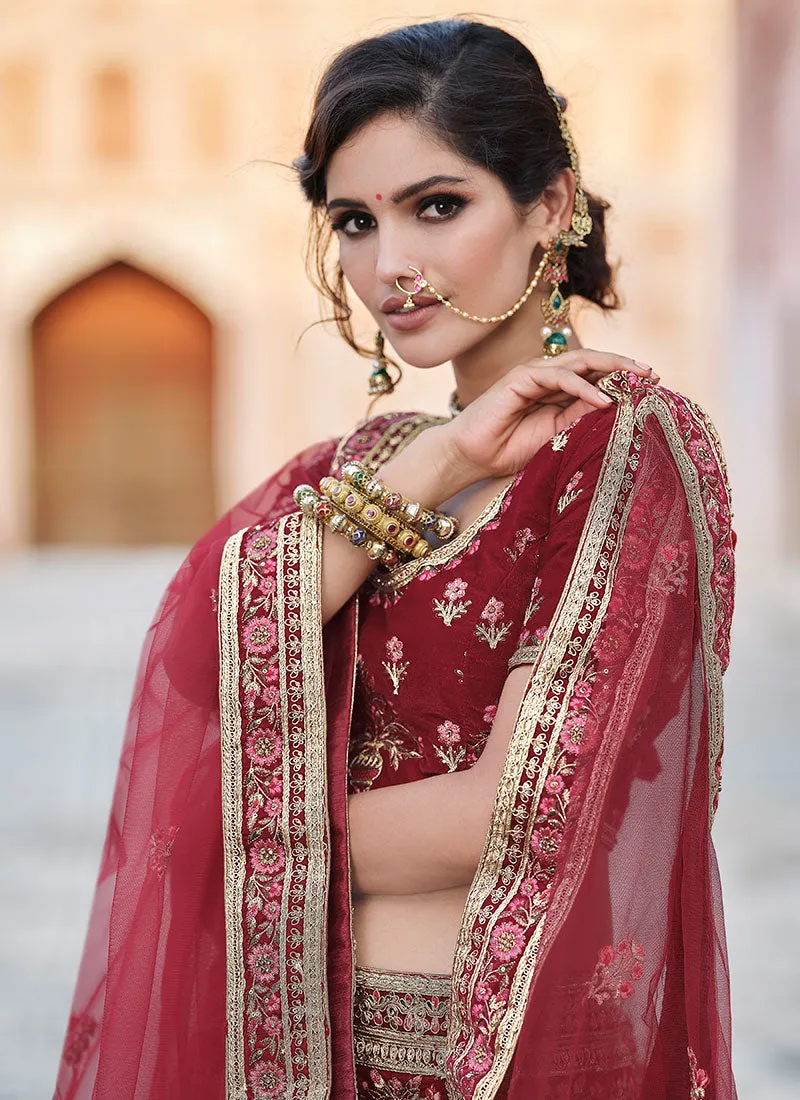 Bright Red Zari And Zarkan Embroidered Lehenga Choli And Dupatta