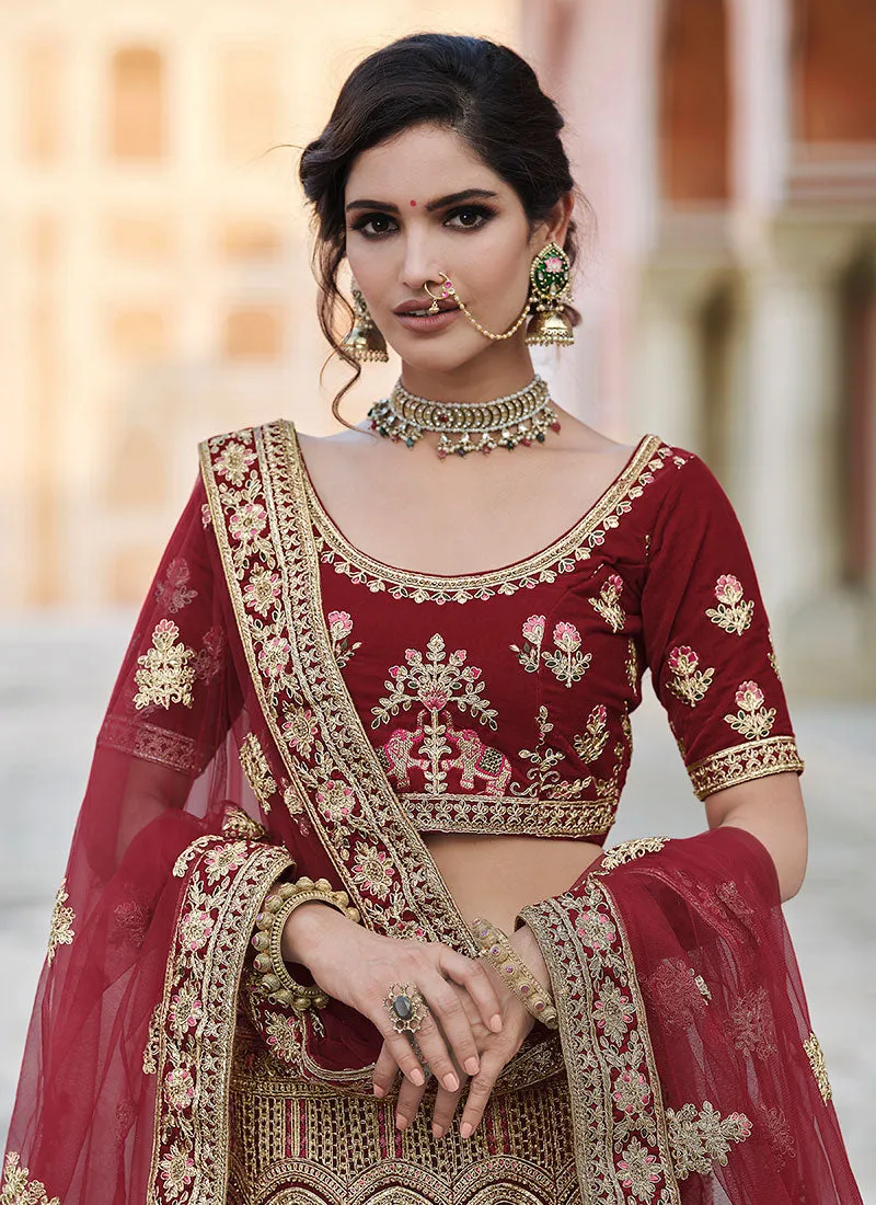 Bright Red Zari And Zarkan Embroidered Lehenga Choli And Dupatta