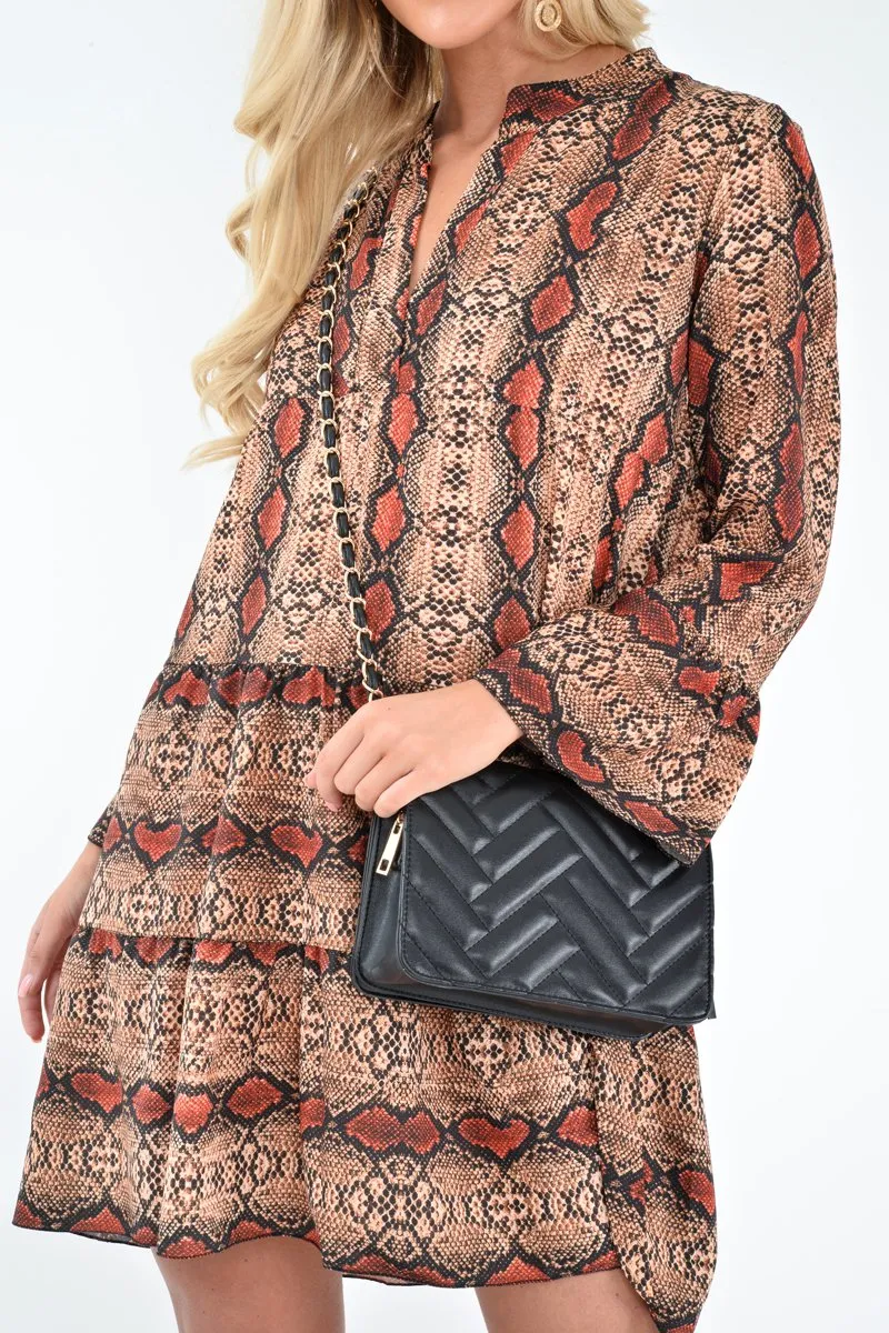 Brown And Red Snake Print Plunge Flute Sleeve Shift Dress - Olesya