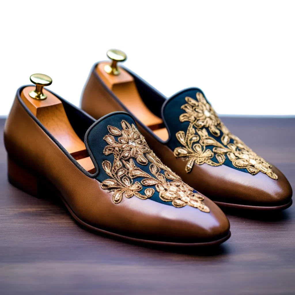 Brown Leather Embroidery Work Peshawari Loafers | Wedding Shoes for Groom | Shoes for Haldi Mehendi Sangeet