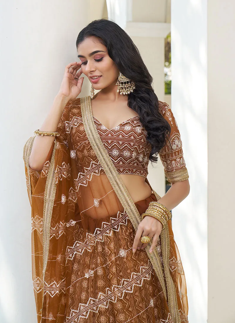 Brown Thread Embroidery Wedding Lehenga Choli And Dupatta