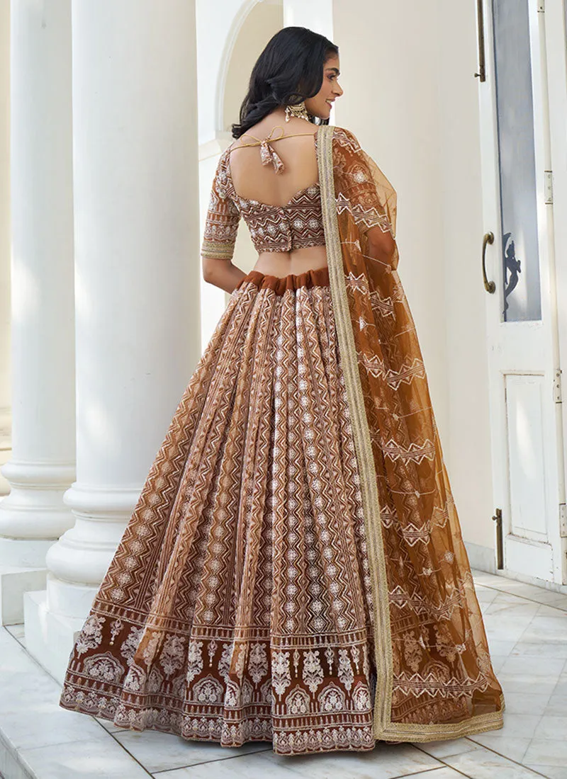 Brown Thread Embroidery Wedding Lehenga Choli And Dupatta