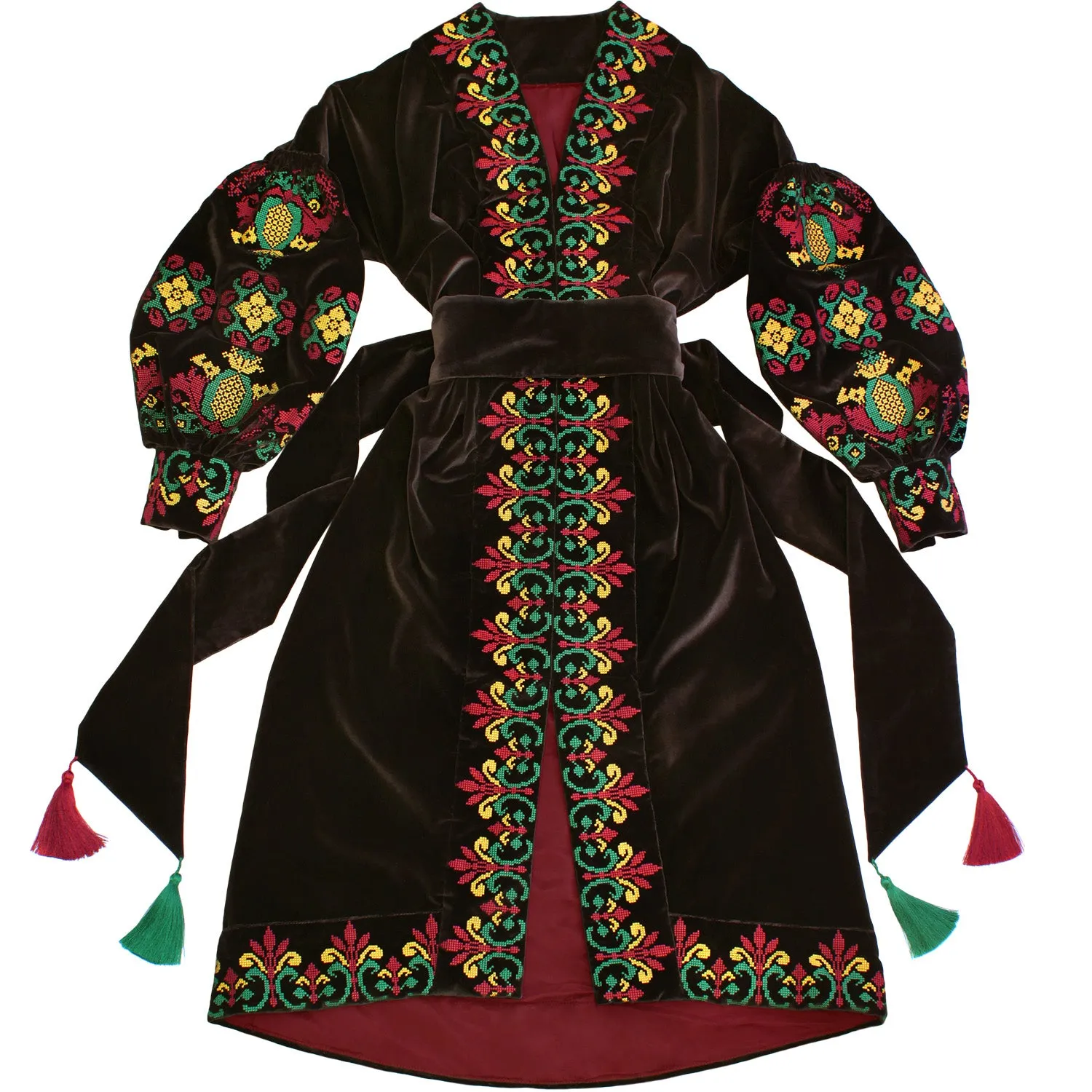 Brown velvet kaftan with embroidery