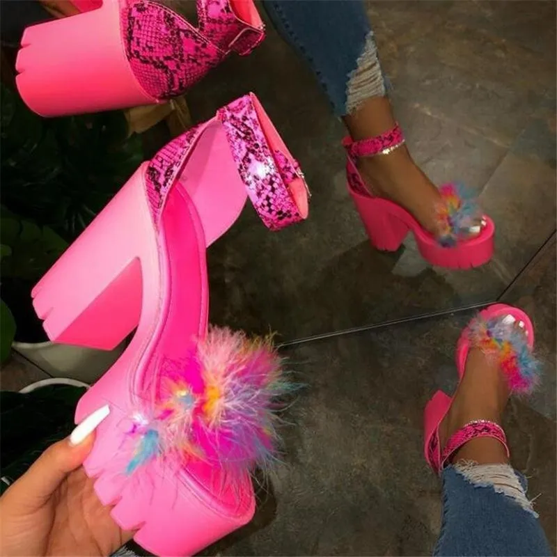 Buckle-Fastening Strap Block Heel High Platform Fur Sandals