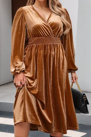 Camel Plus Size Shirred High Waist Surplice Neck Velvet Dress