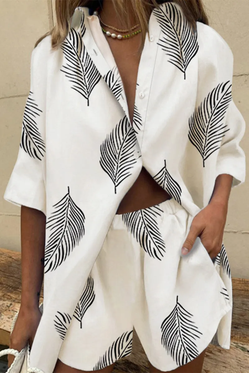 Casual Floral Patchwork Turndown Collar Short Sleeve Two Pieces