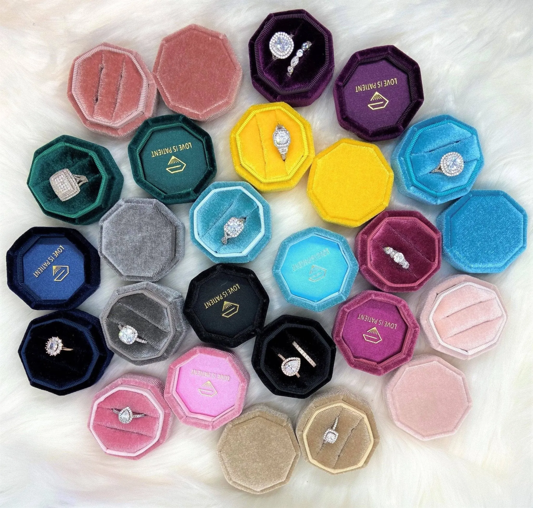 Champagne Love Is Patient Double Ring Slots Octagon Velvet Ring Box