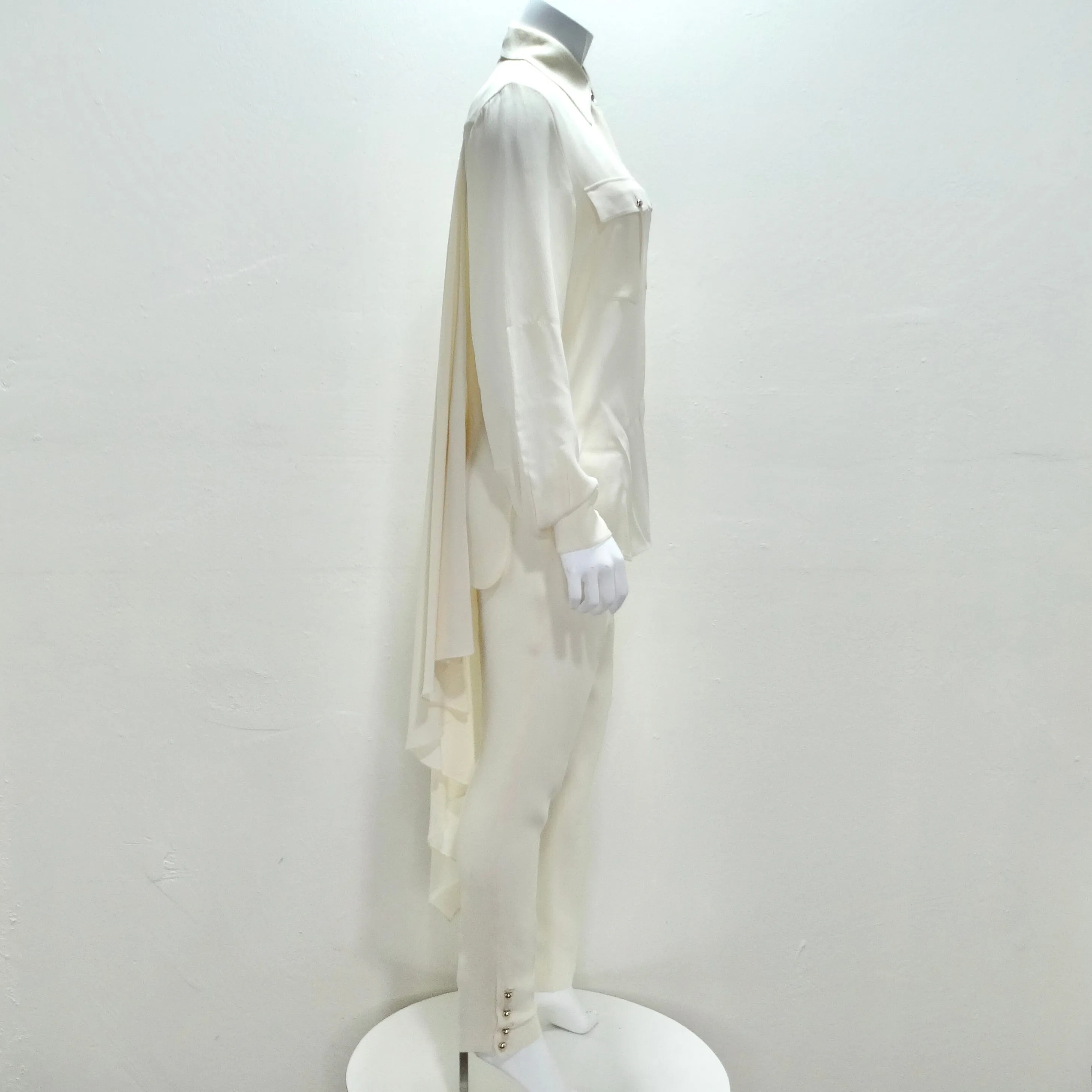 Chanel Ivory Silk High-Low Button Down & Trouser Set