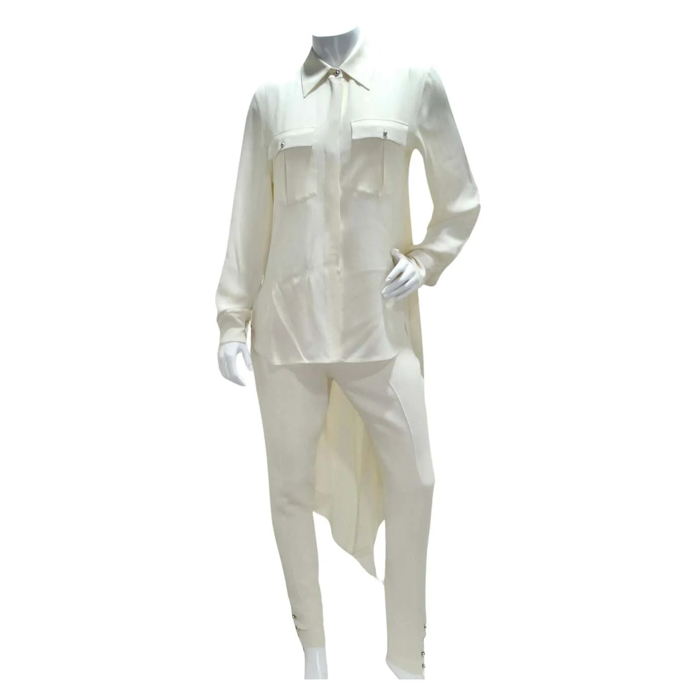 Chanel Ivory Silk High-Low Button Down & Trouser Set