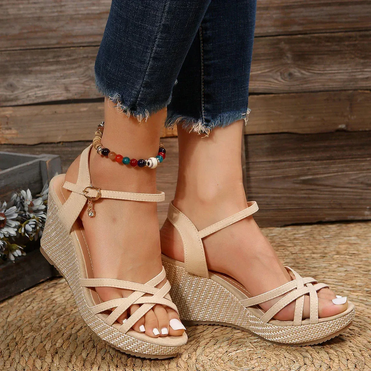 Chic Wedge Sandals for Women with Crisscross Straps