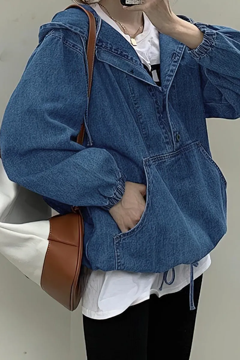 Chouyatou Women Hooded 1/2 Button Down Pullover Denim Jacket Hoodie Boyfriend Casual Jean Sweatshirt Top