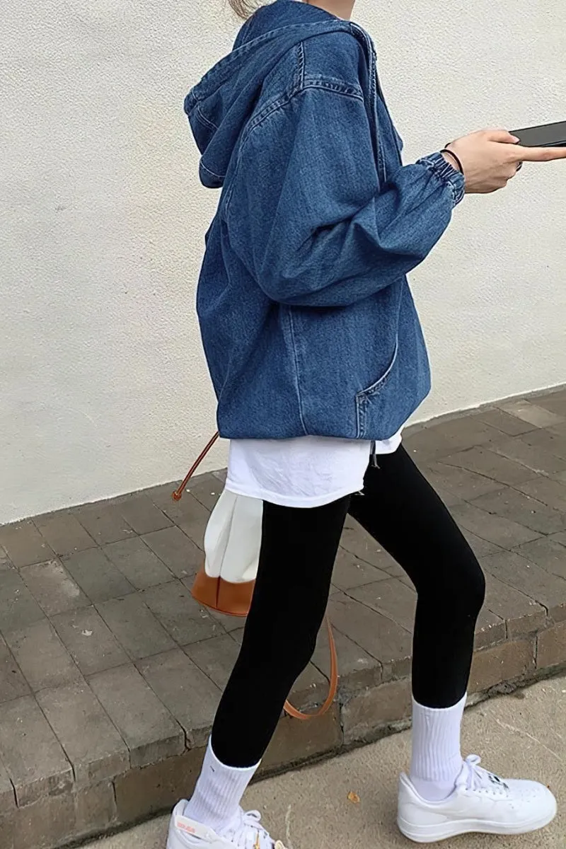 Chouyatou Women Hooded 1/2 Button Down Pullover Denim Jacket Hoodie Boyfriend Casual Jean Sweatshirt Top