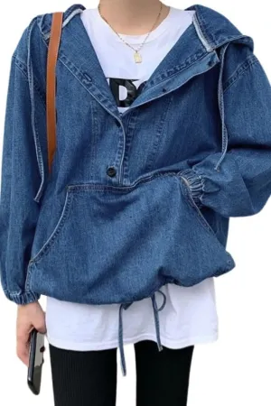 Chouyatou Women Hooded 1/2 Button Down Pullover Denim Jacket Hoodie Boyfriend Casual Jean Sweatshirt Top