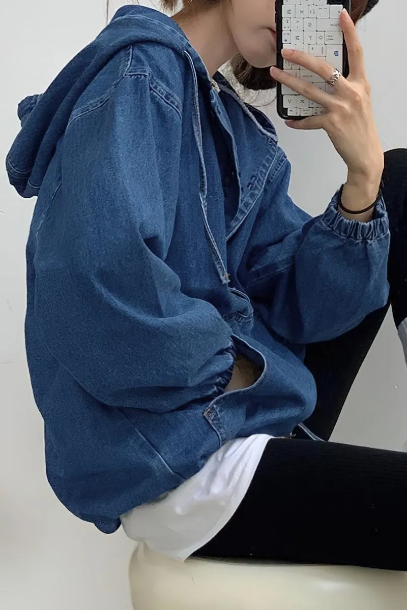 Chouyatou Women Hooded 1/2 Button Down Pullover Denim Jacket Hoodie Boyfriend Casual Jean Sweatshirt Top