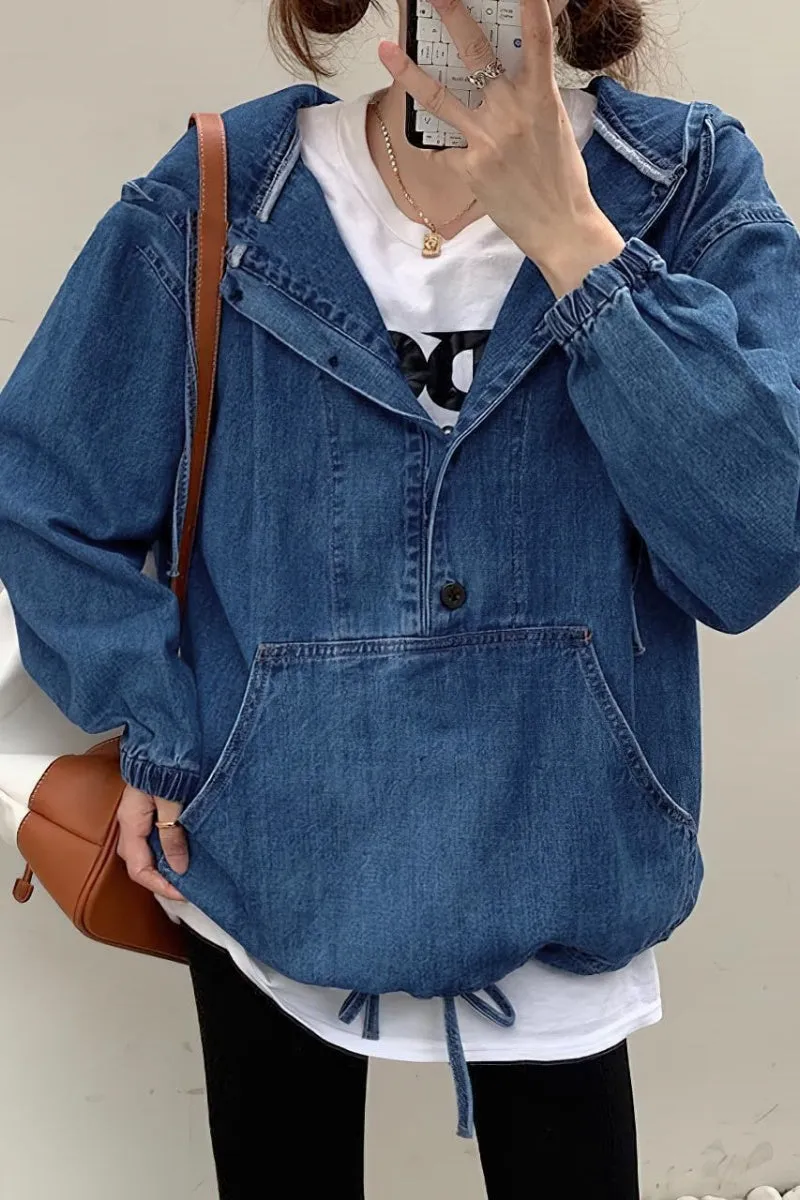 Chouyatou Women Hooded 1/2 Button Down Pullover Denim Jacket Hoodie Boyfriend Casual Jean Sweatshirt Top