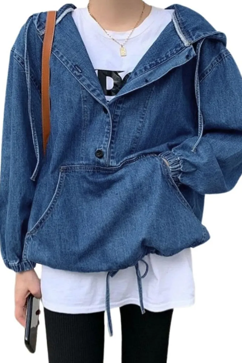 Chouyatou Women Hooded 1/2 Button Down Pullover Denim Jacket Hoodie Boyfriend Casual Jean Sweatshirt Top