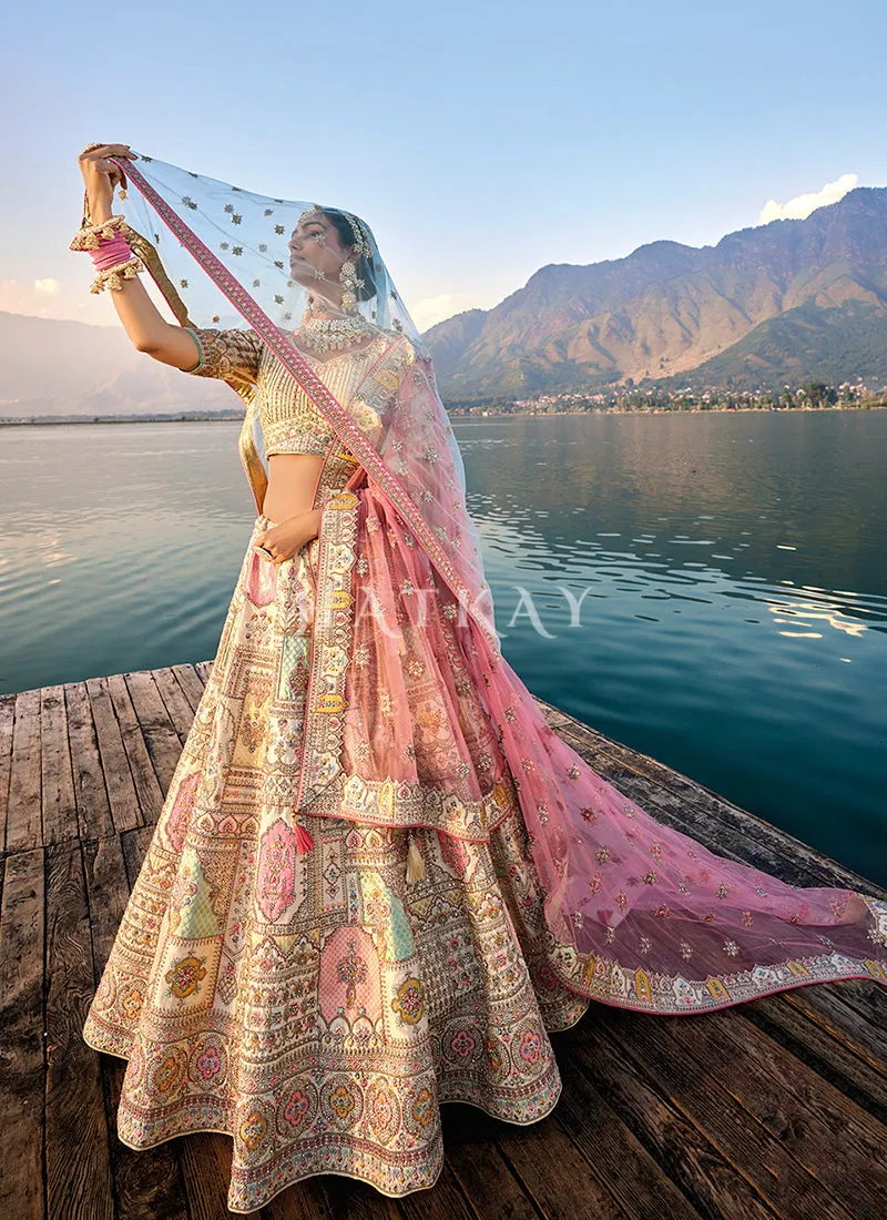 Cream And Pink Traditional Embroidery Bridal Lehenga Choli