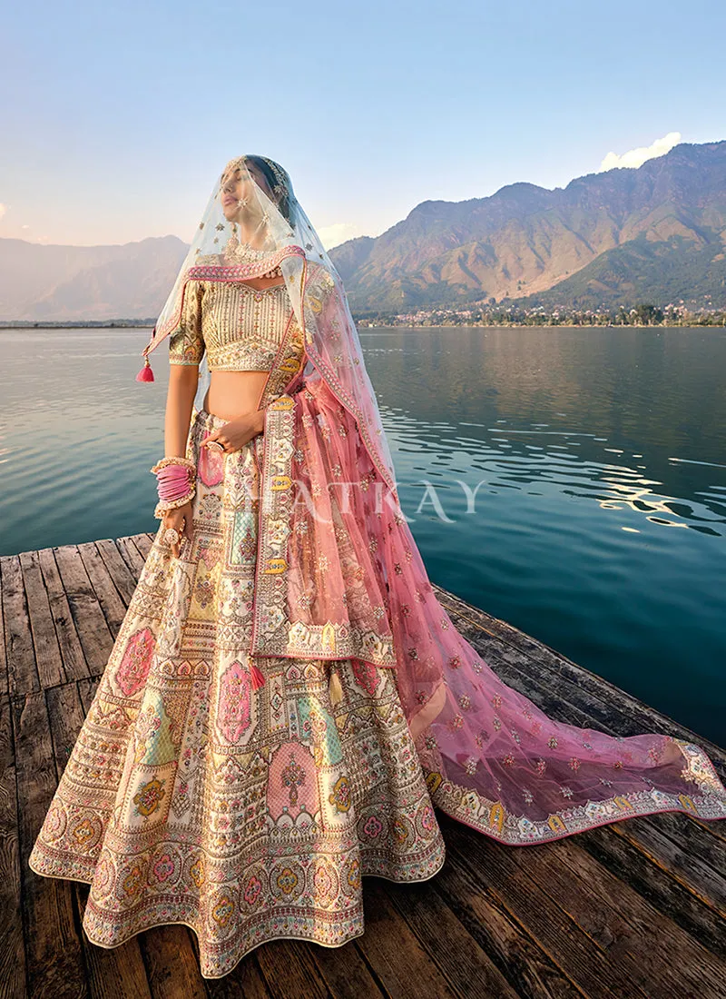 Cream And Pink Traditional Embroidery Bridal Lehenga Choli