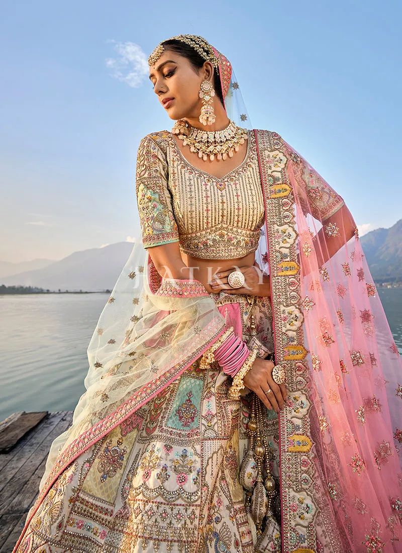 Cream And Pink Traditional Embroidery Bridal Lehenga Choli