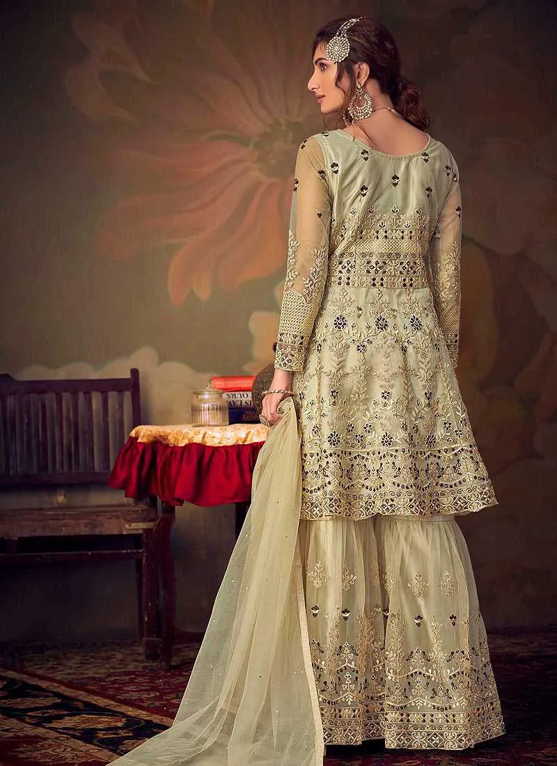Cream Heavy Embroidered Net Sharara Style Suit