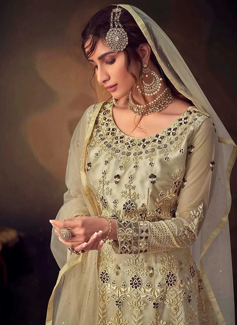Cream Heavy Embroidered Net Sharara Style Suit