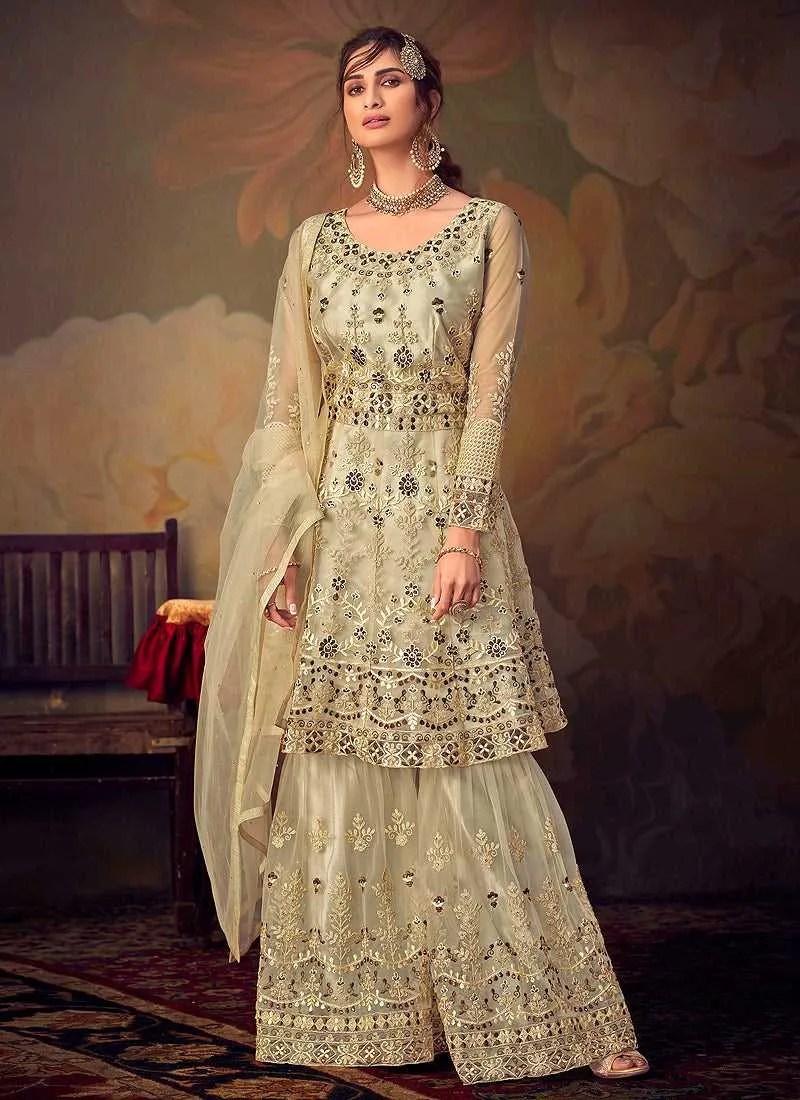 Cream Heavy Embroidered Net Sharara Style Suit