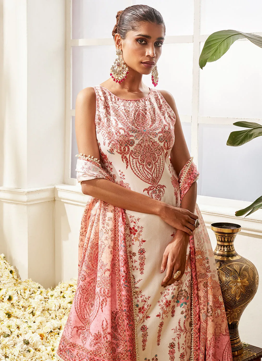 Cream Multicolor Floral Printed Sharara Suit