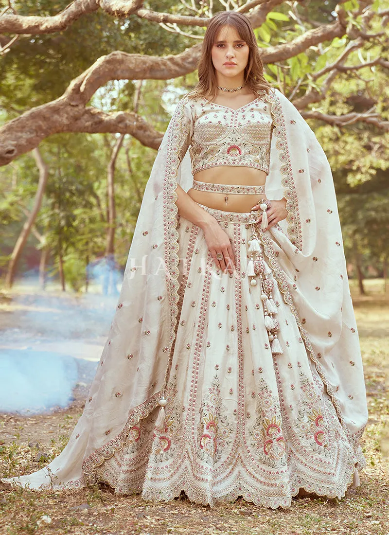 Cream White Multi Embroidered Bridal Lehenga Choli
