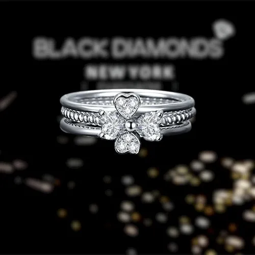 Created Diamond Clover Heart Ring 3-Pcs Set