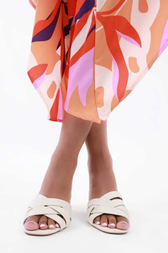 Criss Cross Strappy Chunky Heeled Slip-On Sandals - White