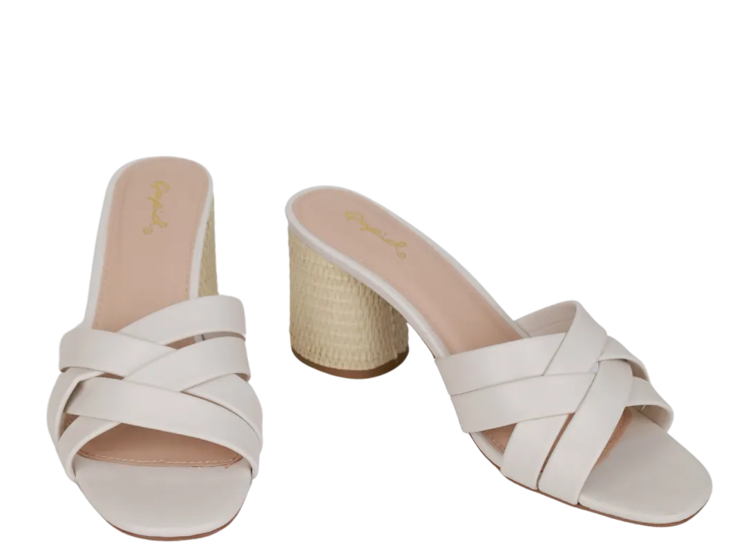 Criss Cross Strappy Chunky Heeled Slip-On Sandals - White