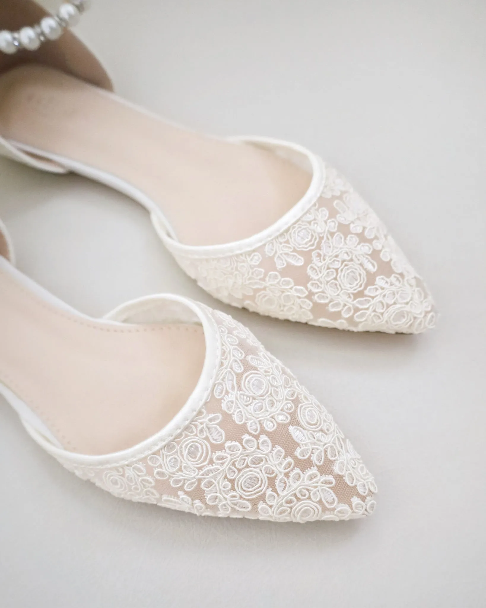 Crochet Lace Pointy Toe with Pearls Ankle Strap