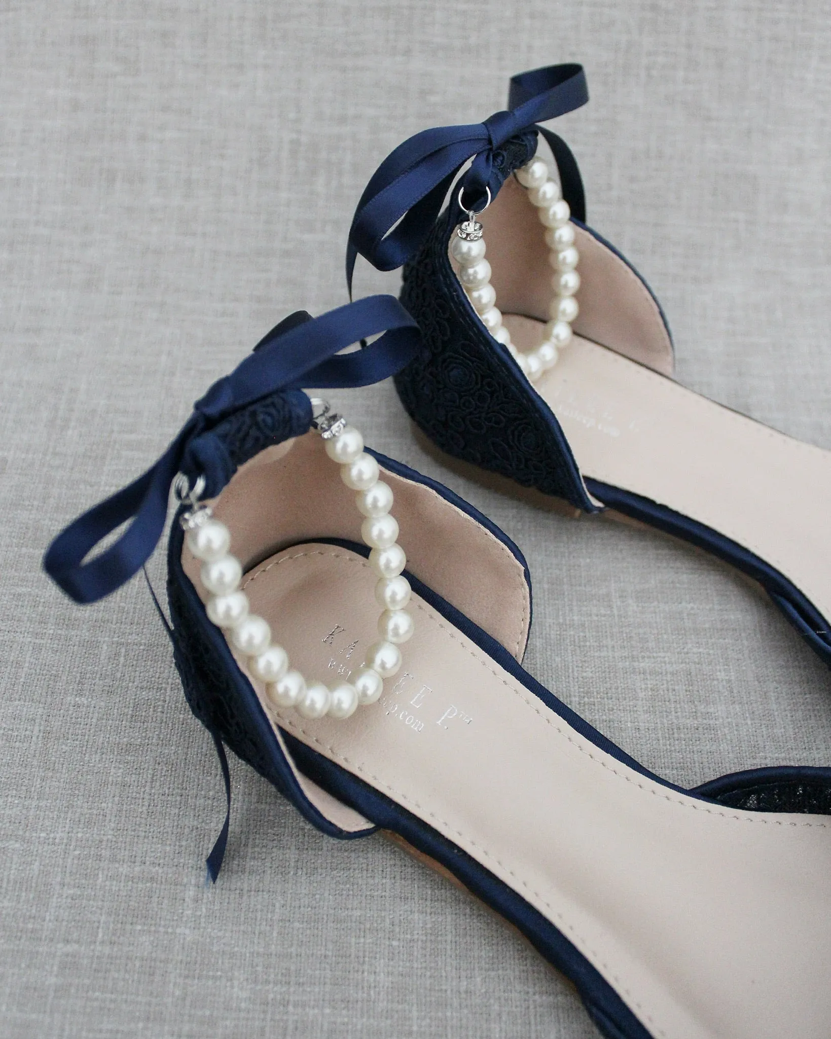 Crochet Lace Pointy Toe with Pearls Ankle Strap