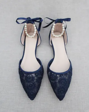 Crochet Lace Pointy Toe with Pearls Ankle Strap
